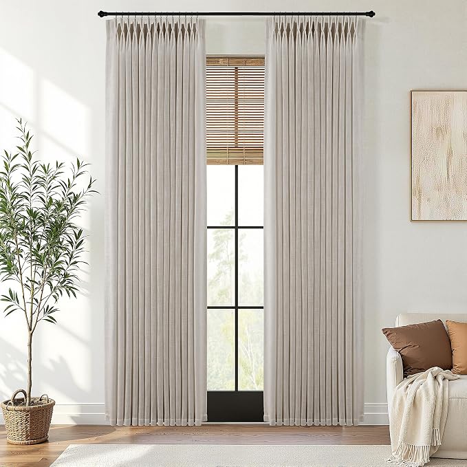 Pinch Pleated Linen Curtains 84 Inches Long 2 Panels for Living Room Bedroom Light Filtering Curtain Memory Shape Trained Pinch Pleat Thick Linen Drapes Back Tab with Hooks Clip Rings Taupe