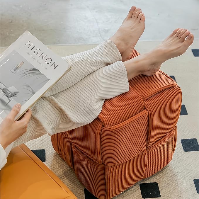 Cmishe 15" Square Woven Corduroy Ottoman Footrest - Modern Vanity Stool for Living Room & Entryway, Eco-Friendly Wood Frame, No Assembly (Orange)
