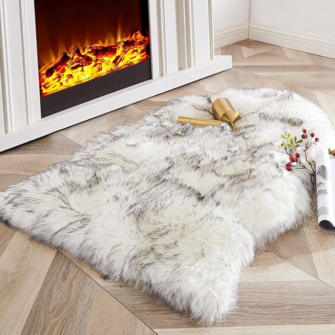 Carvapet Luxury Faux Sheepskin Chair Cover - Soft Plush Fur Seat Pad Skid-Resistant Fluffy Area Rug for Desk Armchair Bedroom Decor Black White 2x3 Feet