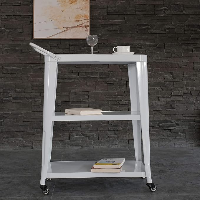 AC Pacific Harold 3-Tier Metal Rolling Cart with Swivel Rollers, Durable Utility Table on Wheels with Handle, All Metal Frame for Easy Mobility, Versatile Kitchen Stand for Bar or Serving Use, White