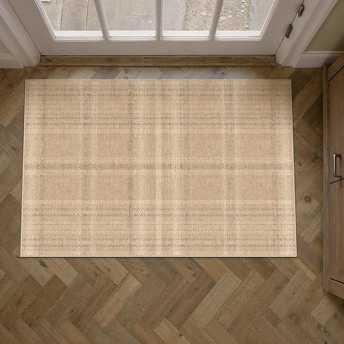 2x3 Brown Area Rug for Entryway Machine Washable Low Pile Checkered Mat Modern Accent Soft Non Slip Small Carpet for Entrance Bathroom Bedroom Indoor