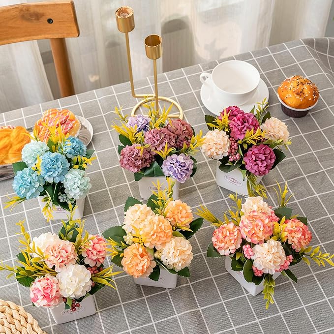 6Pcs Artificial Flowers with Ceramic Pot Small Fake Hydrangea Flowers Arrangements Faux Spring Flowers in Vase Home Spring Decor, Centerpiece Table Decorations for Farmhouse Office Shelf Dining Table