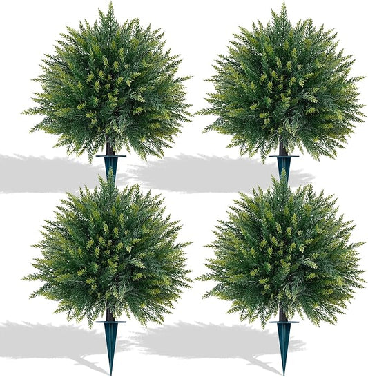 Yangrass 4PCS Artificial Cedar Topiary Ball Trees 23" for Outdoors with Ground Spike, UV Resistant Artificial Cypress Trees, Evergreen Shrubs Bushes Faux Plants for Front Porch Garden Backyard