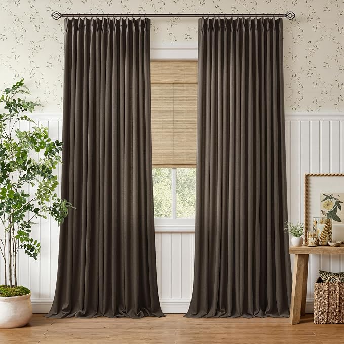 Chocolate Brown 105 Inch Pinch Pleated Linen Curtains for Living Dining Room Pinch Pleat with Hooks Rings Back Tab Light Filtering Boho Farmhouse Semi Sheer Brown Curtain 105 Inch Length for Bedroom