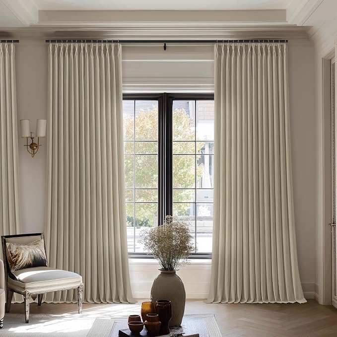 Pinch Pleated Linen Curtains 90 Inch Length 2 Panels for Living Room Bedroom Light Filtering Burlap Semi Sheer Window Curtain Boho Farmhouse Back Tab Pinch Pleat 90 Inch Drape Tan Khaki Camel