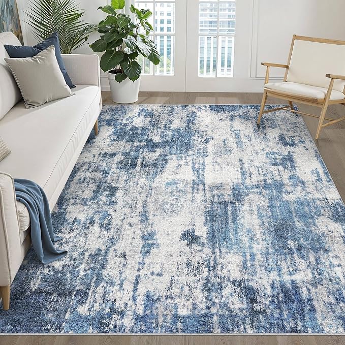 6x8 Area Rug Living Room: Washable Large Neutral Rug Abstract Soft Modern Stain Resistant Indoor Floor Non-Slip Carpet for Bedroom Nursery Kids Office Playroom Dining Room Under Table- Navy Gray