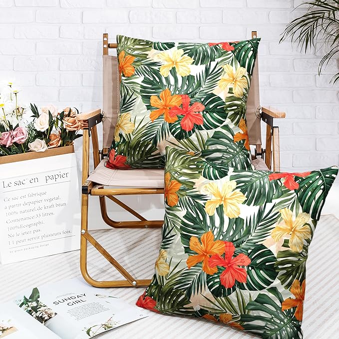 Summer Tropical Pillow Covers 16x16 Hawaiian Hibiscus Flower Throw Pillow Covers Monstera Palm Leaves Decorative Pillow Case Set of 2 for Home Decor Living Room Patio