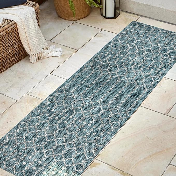 JONATHAN Y Moroccan Geometric Indoor Outdoor Runner Rug 2X8 Teal/Gray, Ourika Textured Weave for Backyard, Patio, Porch, Easy-Cleaning, High Traffic, Pet-Friendly, Non-Shedding (SMB108C-28)