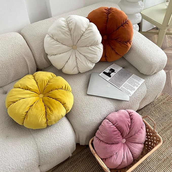 MOJUN Round Velvet Pillow Pumpkin Pleated Cushion Throw Pillow Home Decorative for Couch Chair Bed Car (White, 17.7 inch)