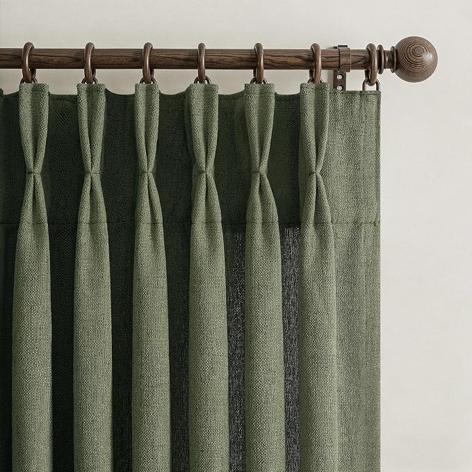 Loden Thick Linen Sliding Door Ceiling Curtains 102 Inches Long 4 Panels Set, Memory Shape Pinch Pleat Sheer Light Filtering Living Room Elegant Window Curtain with Hooks & Rings Olive Green Drapes