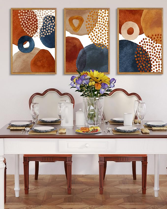 UPWOIGH Boho Abstract Framed Wall Art, 16 x 24 Inch, Set of 3 | Terracotta, Navy and Beige Geometric Prints, Modern Watercolor Boho Design, Light Wood Frames for Bedroom and Living Room