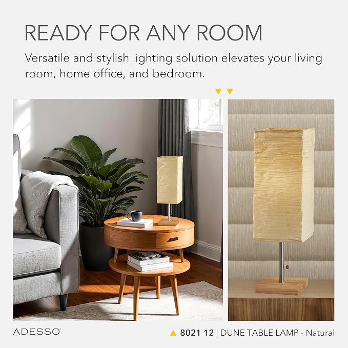 Adesso 26” Table Lamp with Natural Wood Base, Brushed Steel Finish & Crinkle Paper Shade – Perfect Lighting for Bedroom, Living Room and Corner Decor, Beige