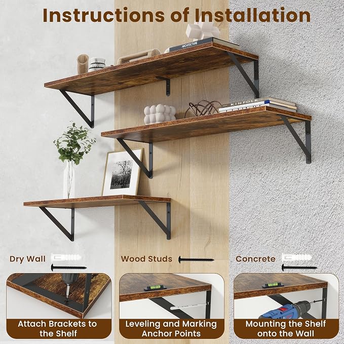 Acovy Floating Shelves for Wall,48" Wx8 D Wood Wall Shelves,Hanging Storage Floating Shelf with Metal Brackets,Wide Floating Bookshelf for Living Room,Office,Bedroom,Bathroom,Set of 2,Rustic Brown
