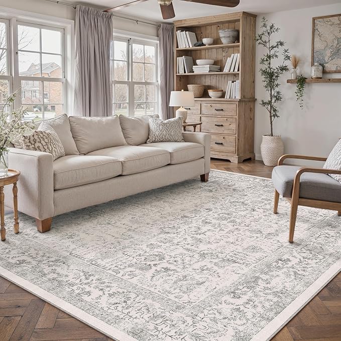 PureCozy Gray Area Rug 7x10 Machine Washable Vintage Living Room Distressed Non Slip Carpet Traditional Indoor Bedroom Grey Retro Floral Accent Throw Large Rug for Office Kitchen Dining Room