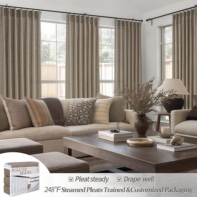 Custom Heavy Linen Pinch Pleated Kitchen 54 Inch Curtains 2 Panels Set, Dark Tan Boho Memory Trained Privacy Short Sheer Curtains Let The Light in Bedroom with Hooks Sunroom Flax Pleat Window Drapes