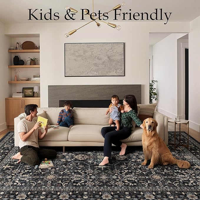 Ruaruarug Washable Area Rug 10x14 for Living Room, Bedroom, Ultra Soft Non Slip Stain & Fade Resistant, Pet & Kids Friendly, Suitable for High Traffic Areas Easy to Clean for Kitchen, Black Grey