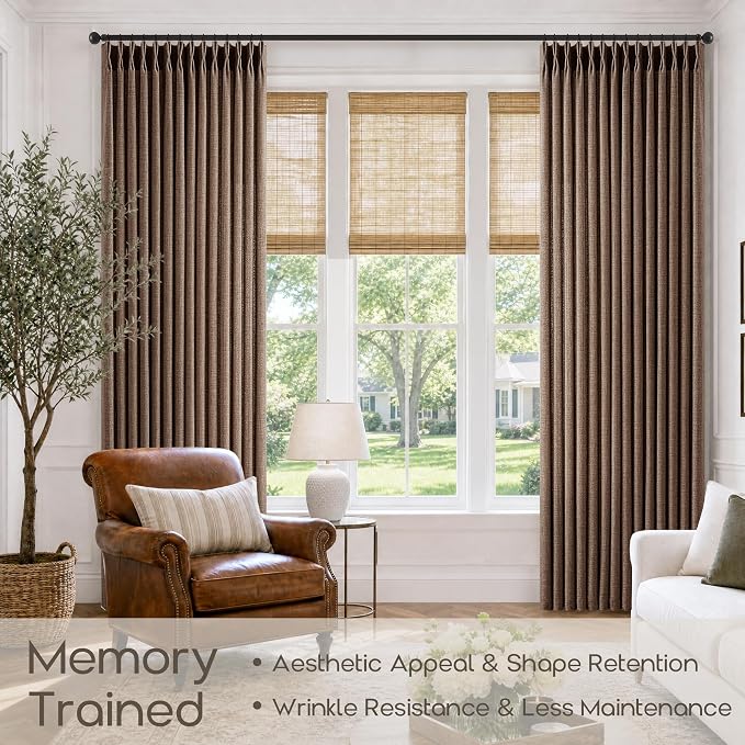 90 Inches Dark Brown Pinch Pleat Curtains for Living Room Semi Sheer Memory Trained Shaped Linen Textured Pleated Drapes for Track System Vintage Aesthetic Curtains for Bedroom Windows 90 Inch Long