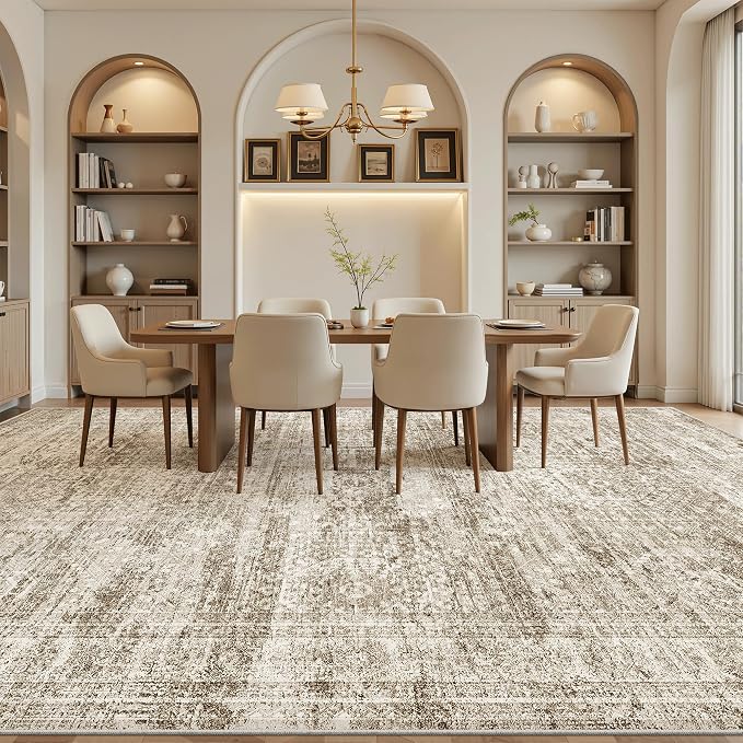 Soalmost 12x15 Washable Area Rug Brown Neutral Abstract Living Room Large Carpet Non Slip Bedroom Indoor Office Dining Room Low Pile Thin Rug