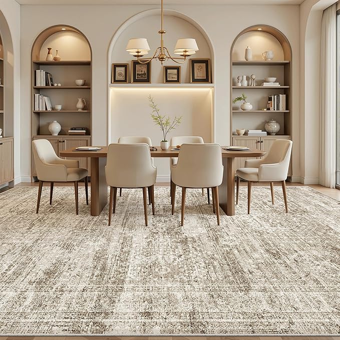 Soalmost 12x15 Washable Area Rug Brown Neutral Abstract Living Room Large Carpet Non Slip Bedroom Indoor Office Dining Room Low Pile Thin Rug