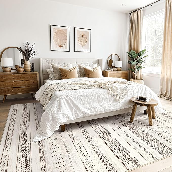 Tortania Area Rug Living Room Rugs - 5x8 Washable Large Soft Neutral Boho Moroccan Bohemian Farmhouse Rug Indoor Floor Carpet for Bedroom Under Dining Table Home Office Decor - Brown Beige