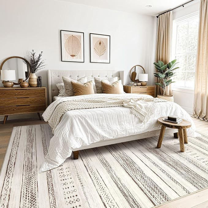 Tortania Area Rug Living Room Rugs - 8x10 Washable Large Soft Neutral Boho Moroccan Bohemian Farmhouse Rug Indoor Floor Carpet for Bedroom Under Dining Table Home Office Decor - Brown Beige