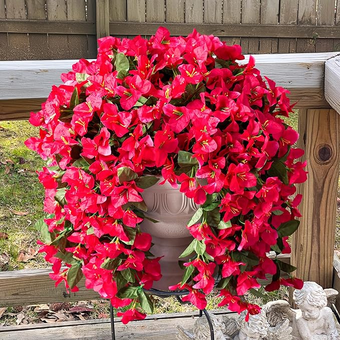 Faux Bougainvillea Artificial Flowers Plants for Outdoors Outside Decoration, 2 PCS Fake Flowers Silk Long Trailing Vines UV Resistant Realistic for Front Door Porch Planter Urn Patio Balcony Hot Pink