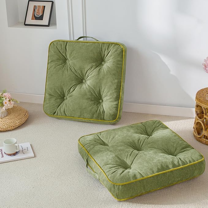 HIGOGOGO Large Floor Pillow Cushion for Adults, Meditation Cushion Pillow with Handle, Lustrous Chenille Tufted, Square Floor Sitting for Tatami Living Room or Yoga, 22x22 Inch, 2Pack, Green
