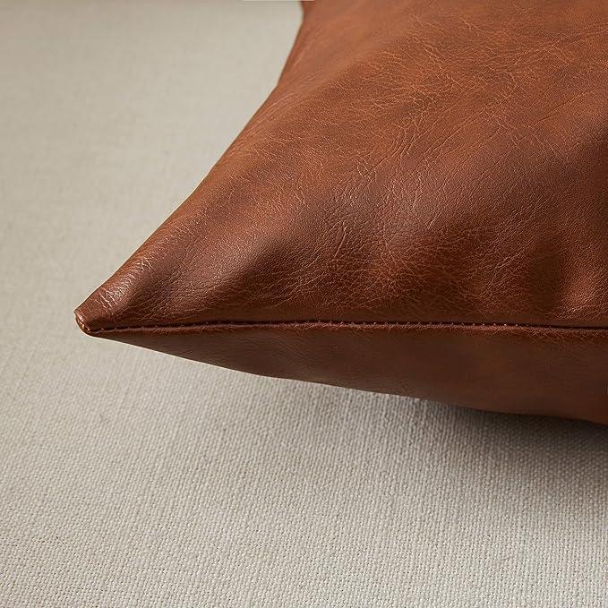 Fancy Homi Brown Boho Lumbar Faux Leather Decorative Throw Pillow Covers 14x24 Inch for Living Room Couch Bed Sofa, Solid Rectangle Cushion Case 35x60 cm, Rustic Modern Farmhouse Home Decor
