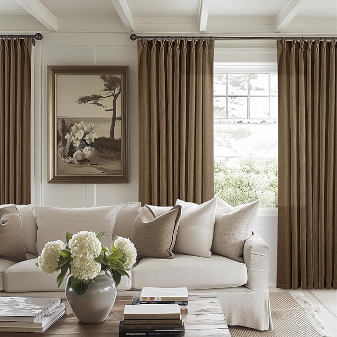 Dutch Cocoa Pinch Pleated Linen Curtains 120 Inches Long 60 Width Linen Blend Light Filtering Window Curtains 120 Inch for Living Room Bedroom Patio Pinch Pleat Drapes Hooks Rings 1 Panel 60Wx120L