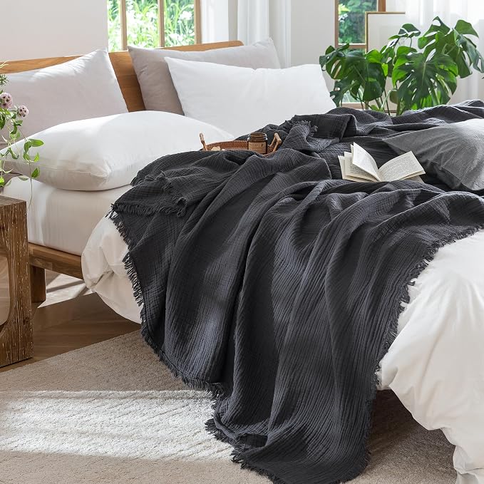 MooMee Muslin Blanket - 100% Cotton 4-Layer Gauze Throw Blanket with All-Around Fringe, Soft Breathable Lightweight Cooling Summer Blankets for Bed Couch (Dark Grey,Super King 108" x 98")