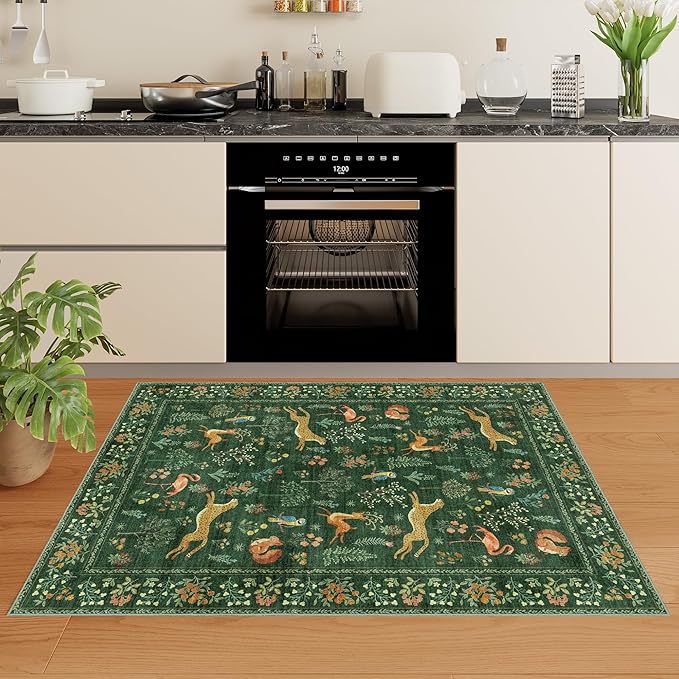 DUKINO 3x5 Rug, Washable Animal Area Rug with Non Slip Vintage Design, Indoor Soft Low Pile Carpet for Bedroom, Nursery, Dining Room, Farmhouse, Playroom, Green