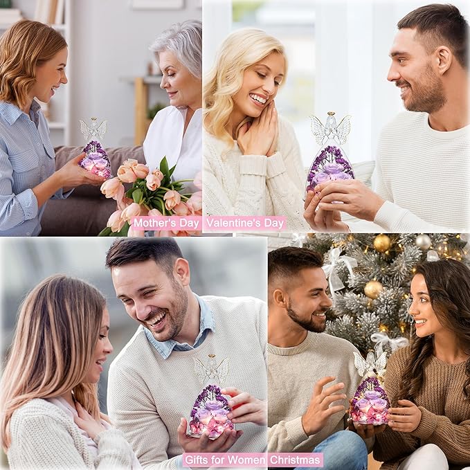 Mothers Day Rose Gifts for Women Preserved Real Flower in Glass Angel Figurines Roses for Delivery Prime Birthday Gifts for Mom Grandma Girlfriend Wife Her, Pinkpurpurple
