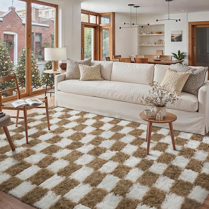 PureCozy 5x8 Area Rugs for Living Room Brown Soft Shag Checkered Large Rug Modern Washable Indoor Office Fuzzy Carpet Non-Slip Fluffy Rugs for Bedroom Nursery Dorm Playroom Home Aesthetic Decor
