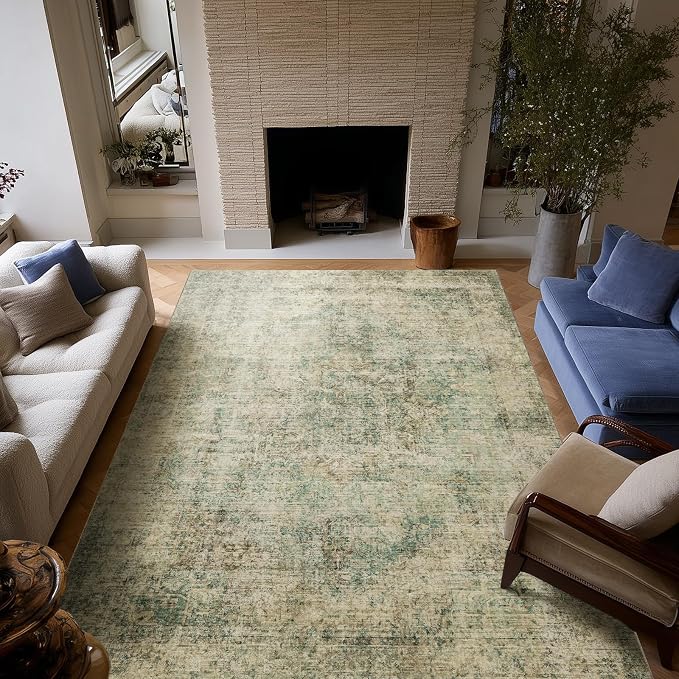 Machine Washable Rugs for Living Room: 6x9 Area Rugs for Bedroom Ultra Soft Non-Slip Low Pile Vintage Distress Boho Large Carpet for High-Traffic Dining Room - Farmhouse Decor