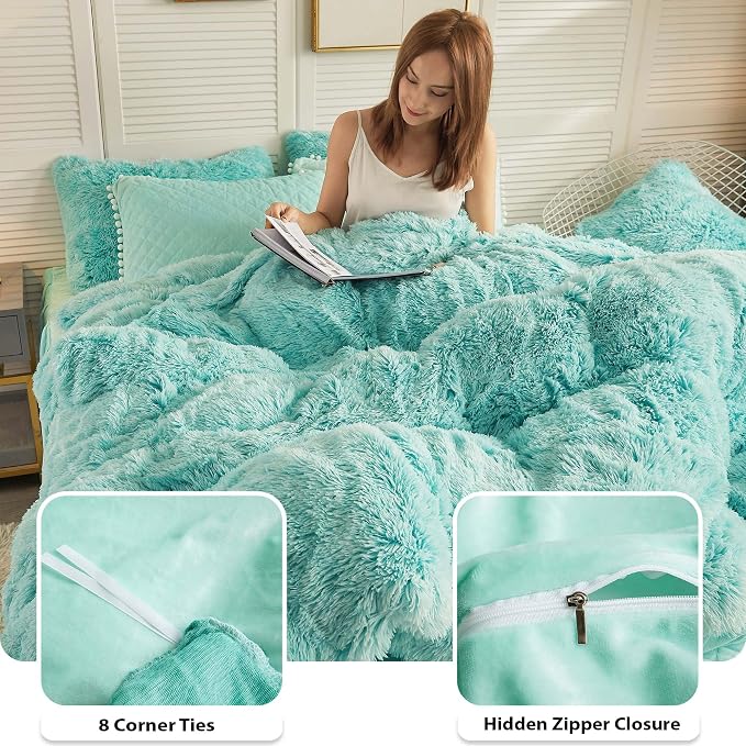 LIFEREVO Luxury Plush Shaggy Duvet Cover Set, Soft Velvet Fluffy Furry Duvet Cover Set(1 Faux Fur Fuzzy Comforter Cover + 1 Pom-poms Pillow Sham) Bedding Set, Zipper Closure(Twin/Twin XL,Ombre Aqua)