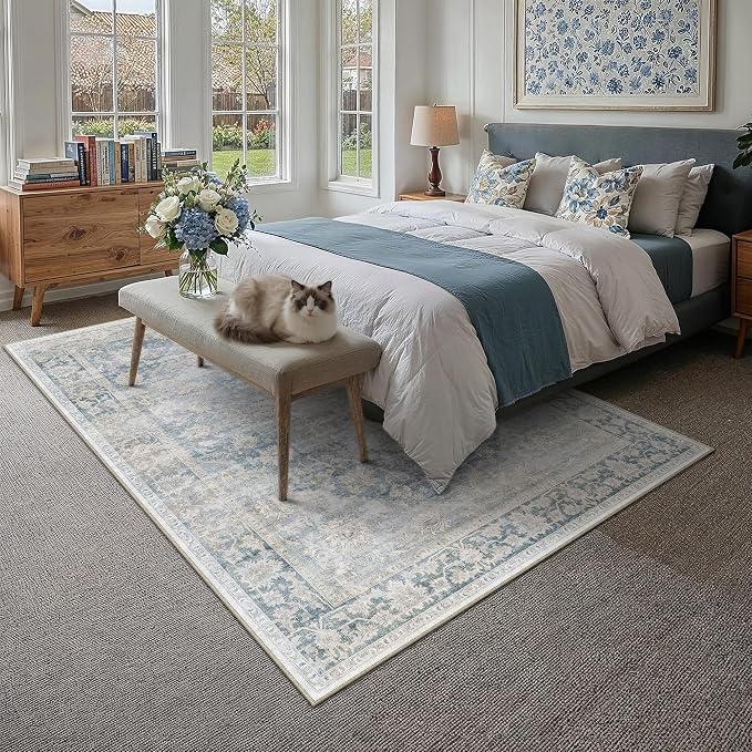 8x10 Washable Neutral Area Rug Blue Vintage Living Room Bedroom Carpet Non-Slip Soft Low Pile Oriental Indoor Large Throw Rug for Dining Room Office