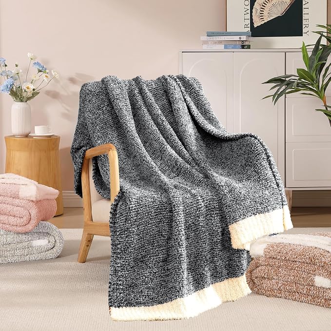 WRENSONGE Soft Throw Blanket for Couch-Cozy Reversible Knitted Blankets | Lightweight Warm Fluffy Decor for Women, Mom, Her & Girls, Sofa, Chair, Bed, 50x60in, Cationic Dyeing Black