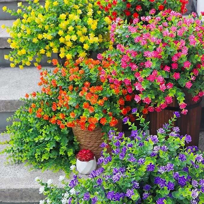 Artificial Flowers for Outdoors, Faux Flowers for Outdoor planters, 12 Bundles Fake Flowers UV-Anti for Decoration, Outdoor Faux Plants, Orange+Red