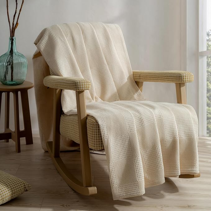 100% Turkish Cotton Blanket Queen Size Waffle Weave Blankets, Made in Turkiye, Light Airy Throw Bedspread (Natural Raw, Queen Size Blanket 90 x 90 inch)