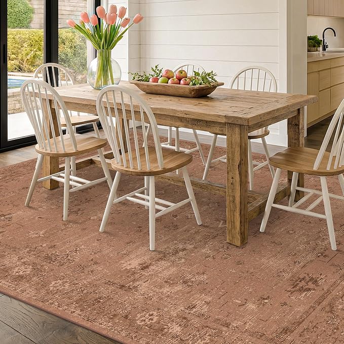 TALANOVA Terracotta 8x10 Washable Area Rugs for Living Room, Non-Slip Low Pile Rust Vintage Distressed Geometric Rug, Southwestern Boho Decor for Bedroom & Dining Room