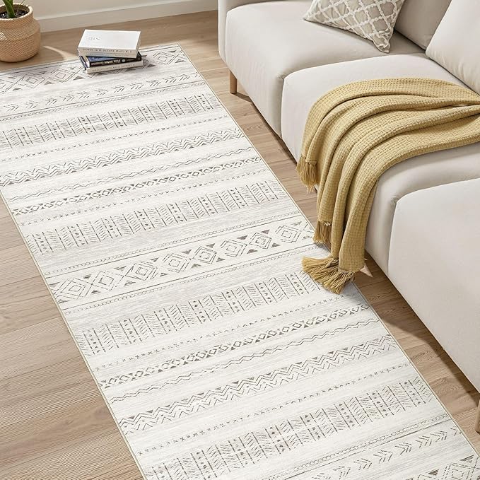 cotiled Washable 3x8 Runner Rugs: Washable Boho Rugs with Non Slip Backing Large Soft Indoor Stain Resistant Carpet for Living Room Bedroom Farmhouse Dining Room Lightweight Home Decor L Brown/Cream