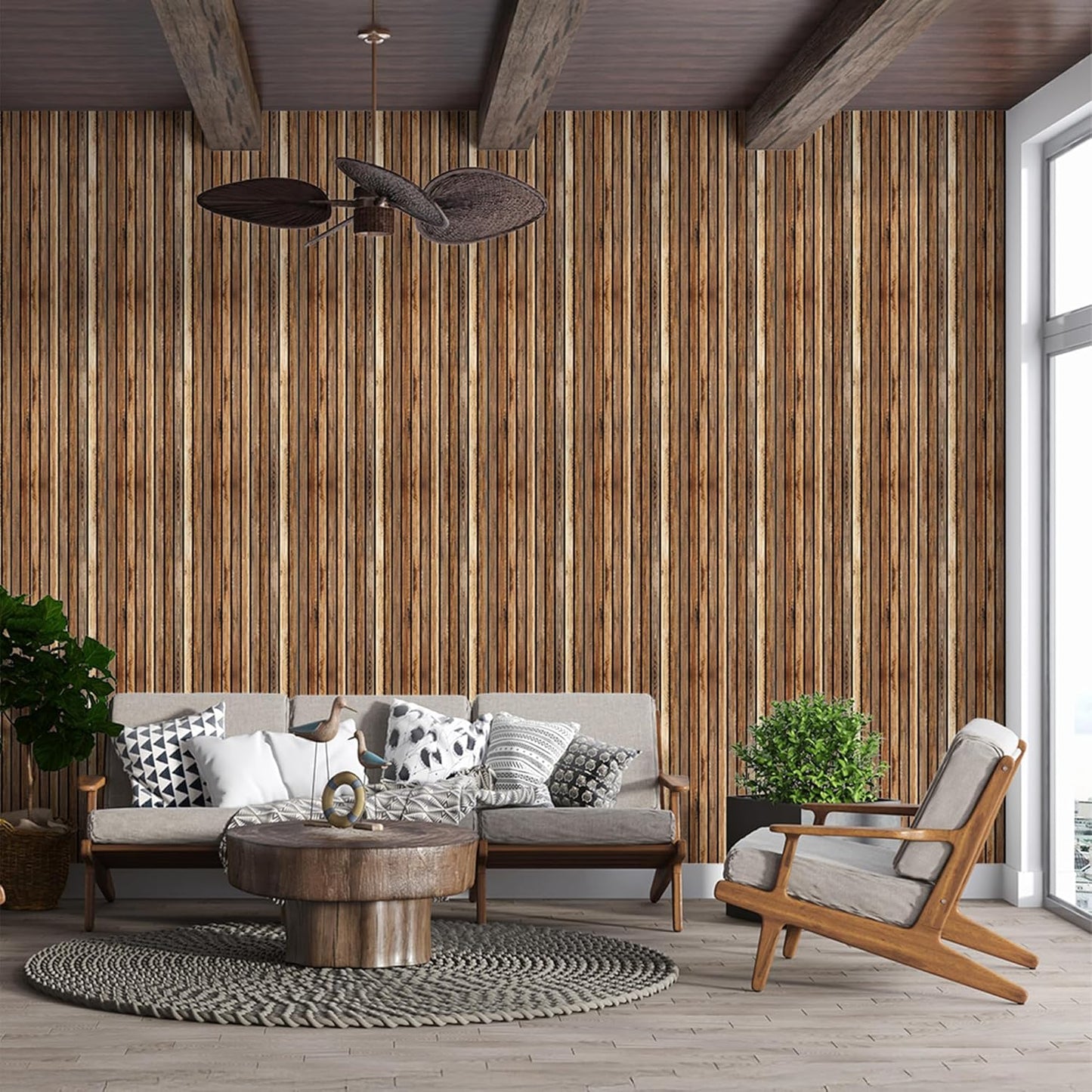 IZODEKOR 3D Wood Effect Styrofoam Wall Panels - Faux Wood Look Wall Panels for Living Room - Fake Acoustic Wood Slat Wall Panels - Pack of 10, Covers 50 sq ft.
