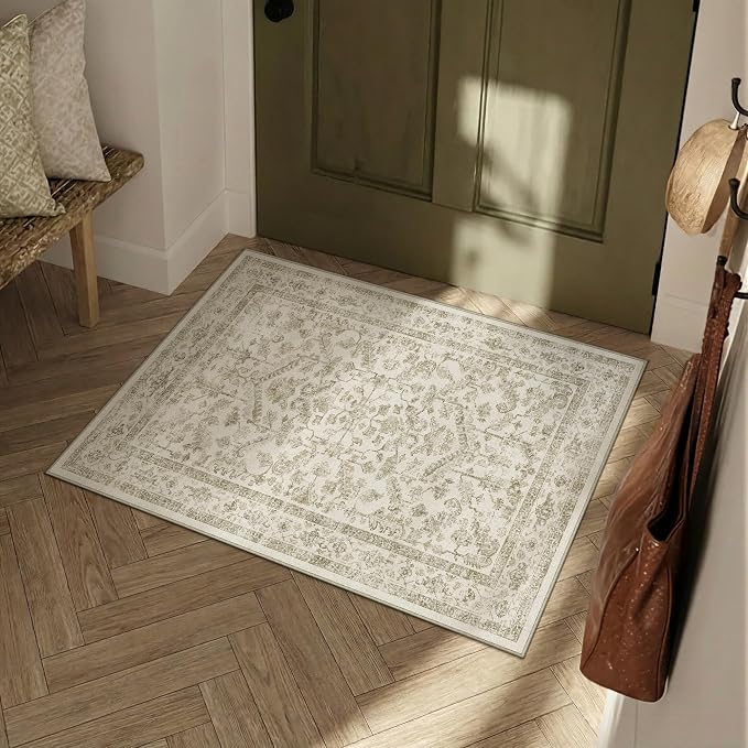 PureCozy Taupe 2x3 Entryway Rug Vintage Area Carpet Indoor Kitchen Washable Door Mat Entrance Small Low Pile Traditional Distressed Retro Accent Throw Rug Non Slip Office Bathroom