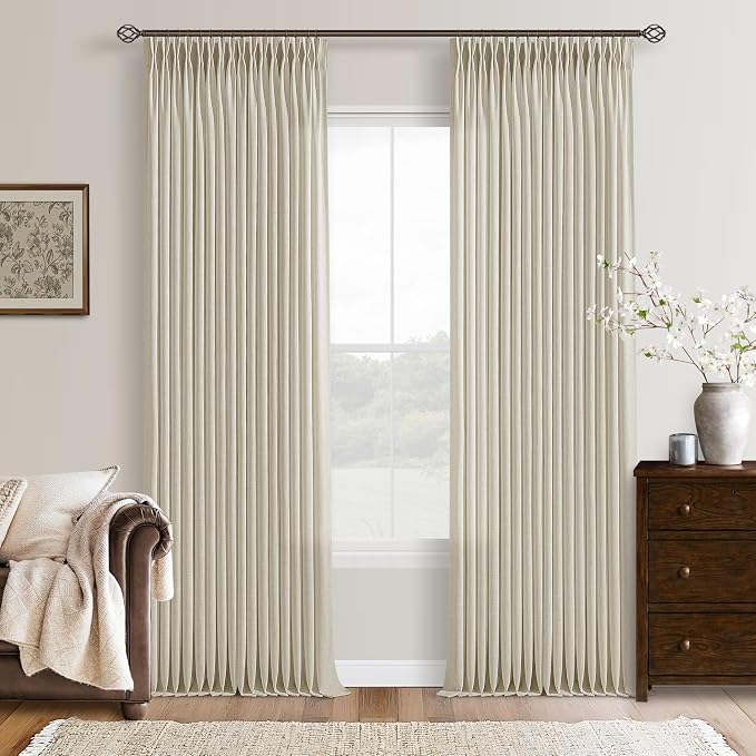 112 Inch Linen Pinch Pleated Curtains 2 Panels for Living Room Bedroom Memory Training Shaped Semi Sheer Beige Light Tan Pinch Pleat Drapes with Hooks Rings Light Filtering Window Curtain 50x112