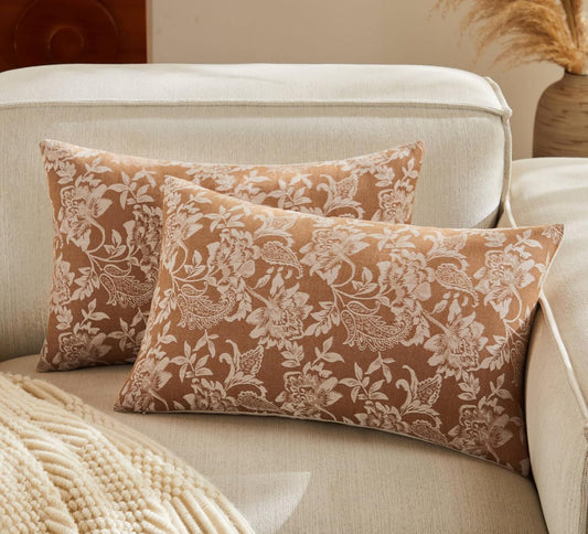 Floral Jacquard Lumbar Throw Pillow Covers Set of 2, Background/Caramal 12x20 Inch, Farmhouse Decorative Cotton Caramal Cushion Covers for Sofa Bed Living Room Home Decor