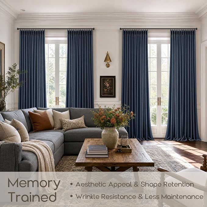 Navy Pleated Linen Curtains 96 Inch 2 Panels Set Memory Trained Shaped Semi Sheer Privacy Dark Blue Window Curtains for Living Dining Room Country Modern Back Tab Pinch Pleat Burlap Drapes 40x96
