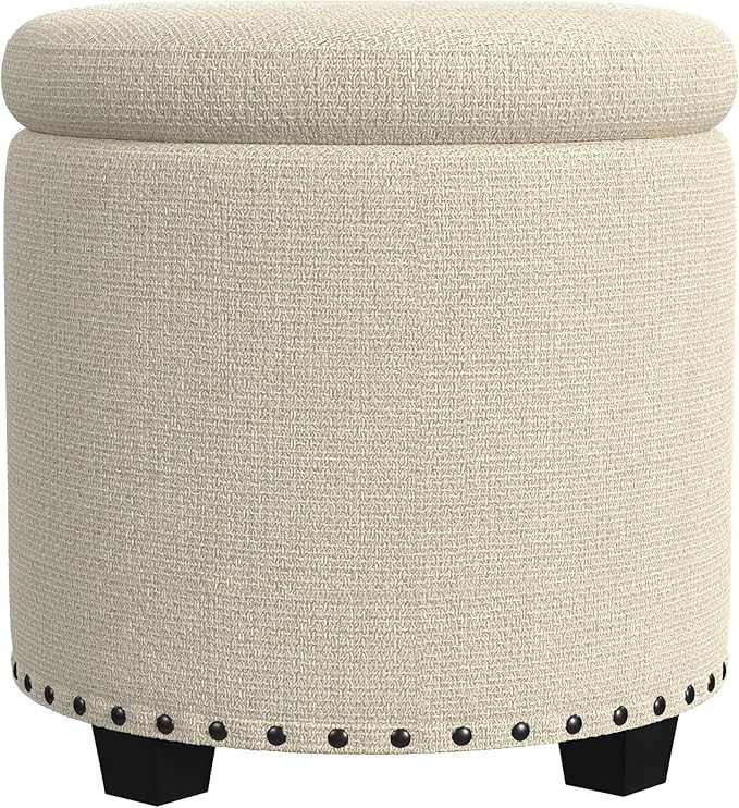 HomePop 18.5" Round Storage Ottoman with Nailheads - Cream Woven