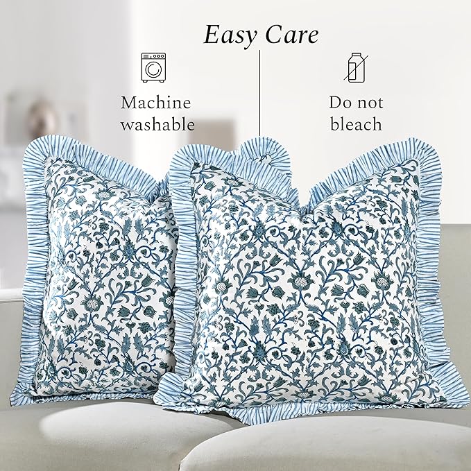 CPC Ocean Vine Hand Block Print 100% Cotton Ruffle Throw Pillow Cover 24x24 inch with Hidden Zipper Decorative for Couch, Bed, Sofa, Farmhouse, Cottagecore Decor Gift Christmas Fall Thanksgiving