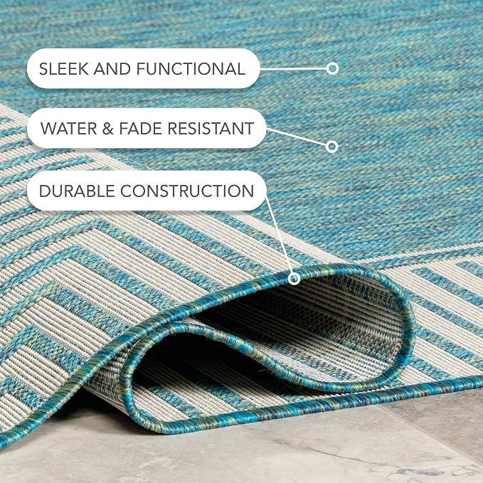 Nuloom Asha Teal/Ivory, 4' x 6', Casual, Striped Border, Soft and Cozy, High Traffic, Easy Clean, Durable Area Rug for Indoor/Outdoor Patio, Deck, Porch, Garden, Courtyard