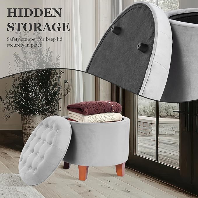 HomePop by Kinfine Fabric Upholstered Round Storage Ottoman - Velvet Button Tufted Ottoman with Removable Lid, Light Gray Small